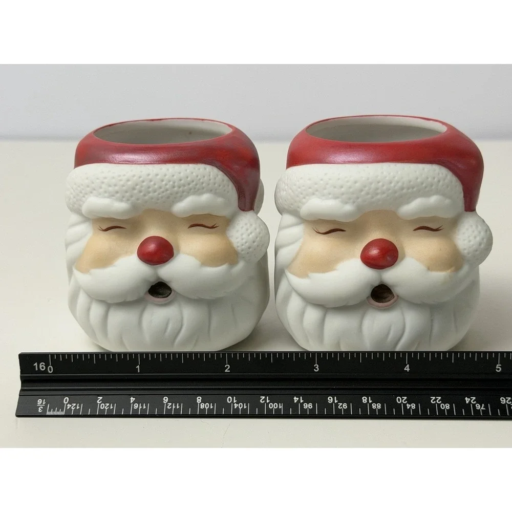 Hallmark Ceramic Santa Claus Head Votive Candle Holder MCM Pair Of VTG 1970s
